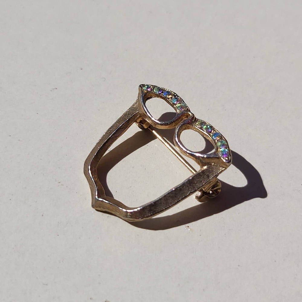 Vintage Gold Tone Eyeglasses Brooch Gold Aurora Borealis Rhinestone Spectacles